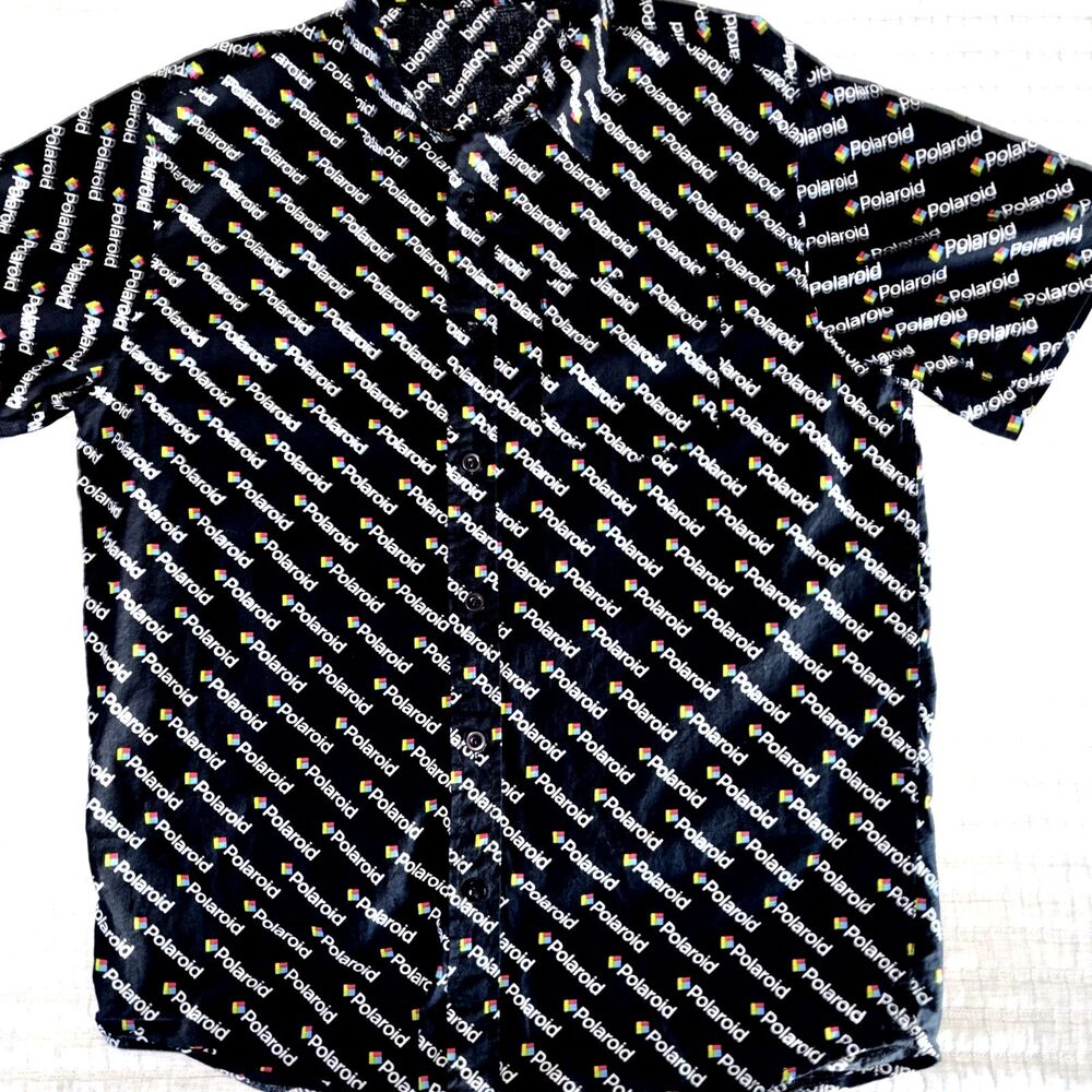 Polaroid Logo All Over Button Black Shirt Size M Photography Retro 100% Cotton